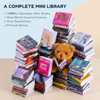 1:12 Scale Mini Desk Set with 100 Mini Books & 2 Bookshelves — Miniature Dollhouse Furniture Set with Office Chair, Computer & 15+ Accessories — Mini Desk Accessories for Doll House Diorama
