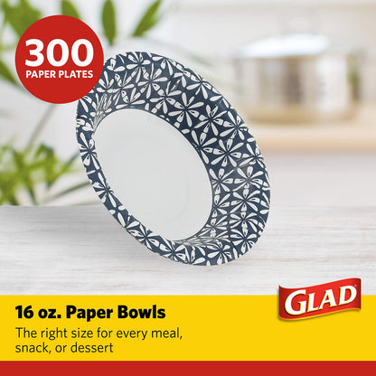 Glad Round Disposable Paper Bowls, Blue Mosaic Design - Heavy Duty, Soak-Proof, Cut-Resistant, Microwavable Paper Bowls for All Foods, Daily Use, and Special Occasions, 16 oz, 50 Count - 6 Pack
