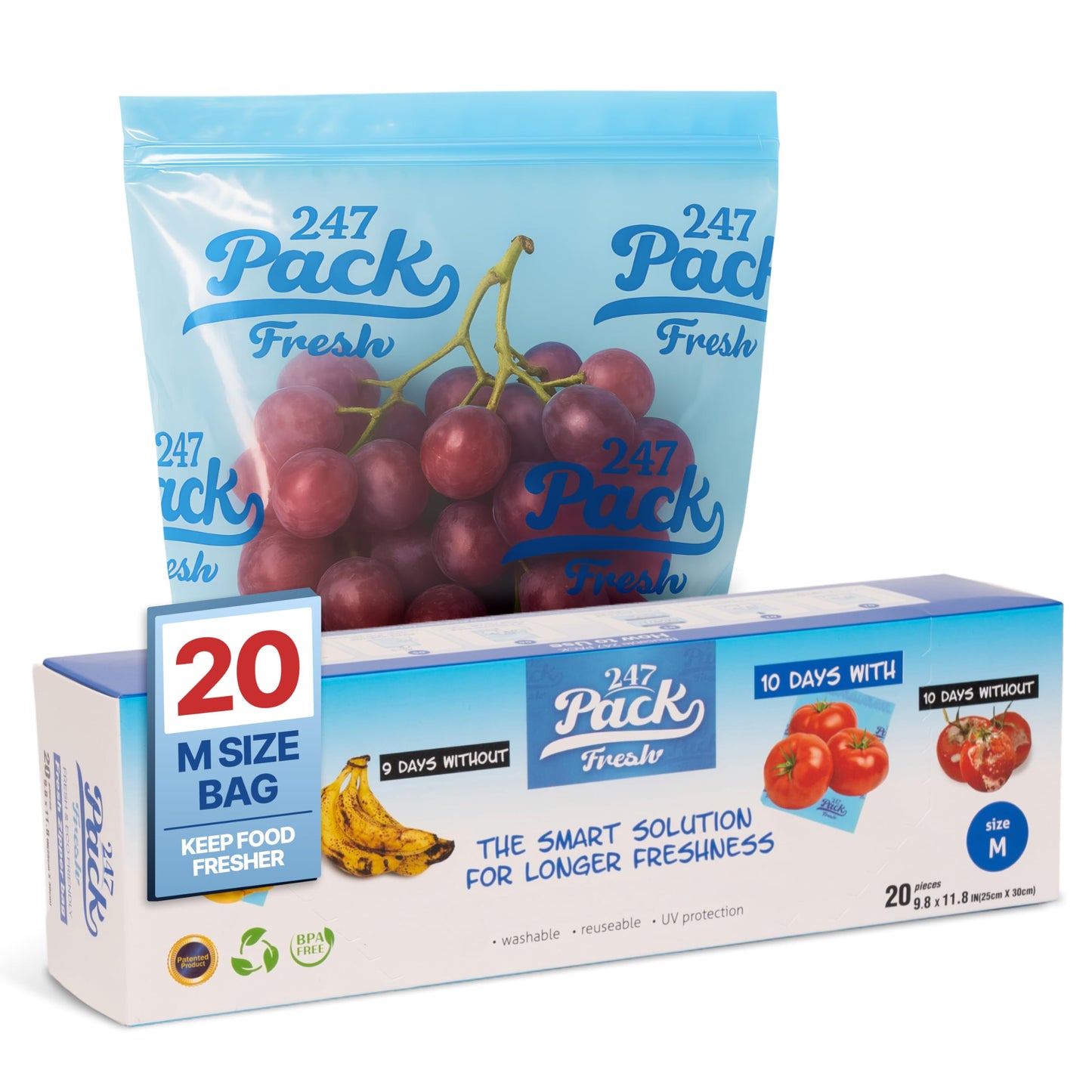 Freshpack 247 Produce Storage Bags Size M 10 x 12 Inches 1 Gallon 20 Pack Reusable Food Storage Bags With Zipper, Bread Keeper Bag For Fruits Vegetables Meal Prep Pantry Use