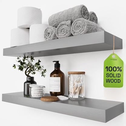 BAOBAB WORKSHOP Wood Floating Shelves - Rustic 24-Inch Grey Wall Shelves for Bathroom & Living Room | Set of 2