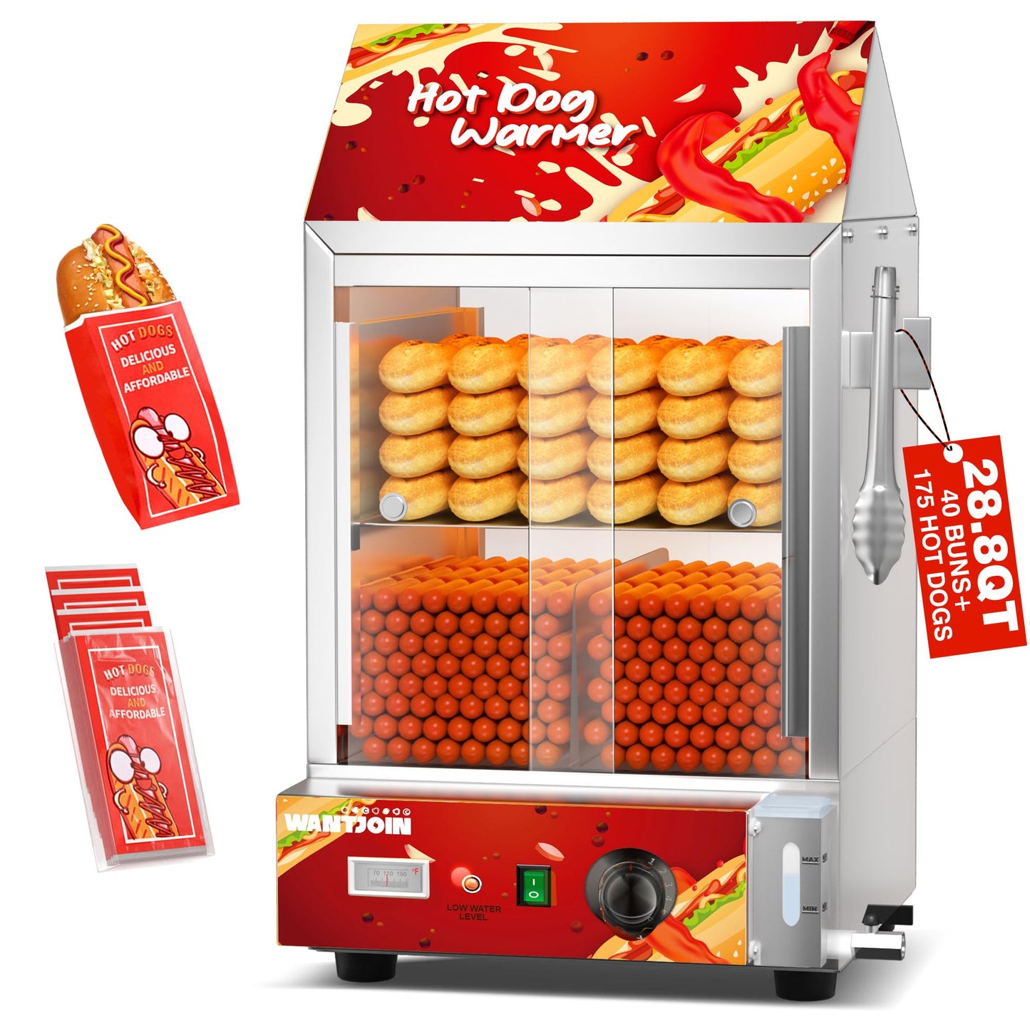 WantJoin Hot Dog Steamer - 28.8QT Commercial Electric Hot Dog Steamer with Bun Warmer, Glass Sliding Door Steaming Machine for 175 Hot Dogs and 40 Buns Adjustable Temperature Red