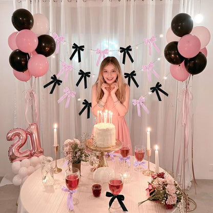 Skiennix Velvet Bows - 12 Pcs Pink & Black Pre-Tied Ribbon Bows for Y2K Room Decor | Perfect for Bachelorette & Sweet 16 Parties