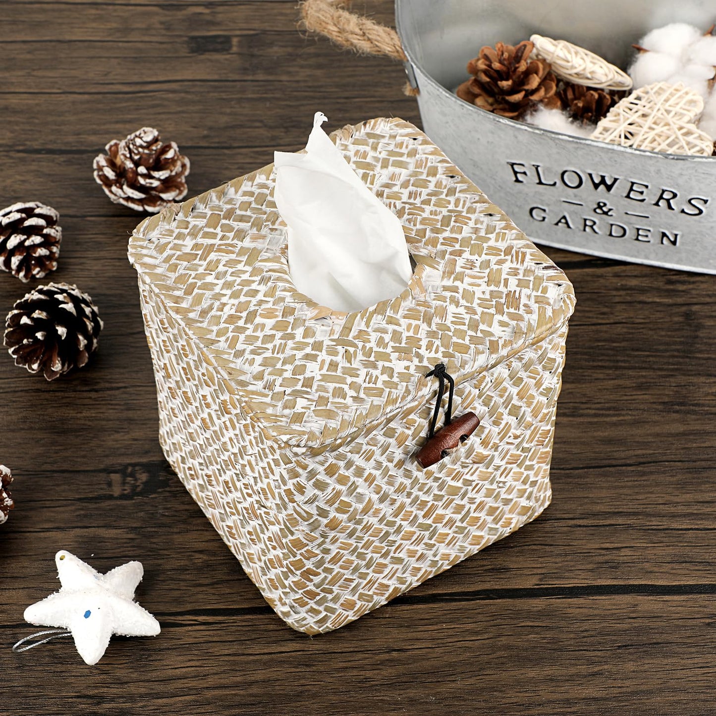 Sumnacon Tissue Box Cover Square Seagrass Tissue Box with Lid, Woven Tissue Box Holder Rustic Cube Tissue Cover for Bathroom Toilet Bedroom Living Room Kitchen Table Desk Office Car, Whitewash