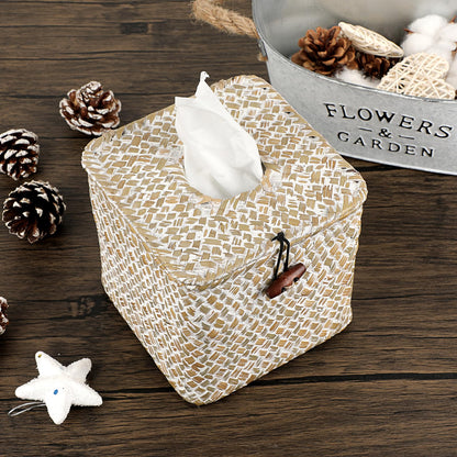 Sumnacon Tissue Box Cover Square Seagrass Tissue Box with Lid, Woven Tissue Box Holder Rustic Cube Tissue Cover for Bathroom Toilet Bedroom Living Room Kitchen Table Desk Office Car, Whitewash