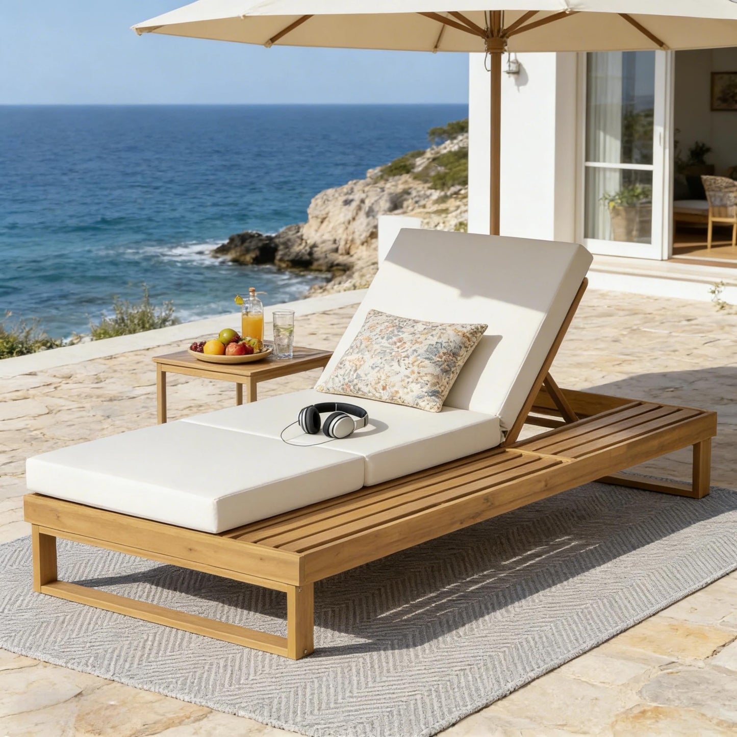 Merax Teak Finish Acacia Wood Chaise Lounge with 4-Inch Cream 3-Fold Water-Resistant Cushion Set, 4-Position Adjustable Outdoor Patio Lounger with Flat Side Surface, for Poolside