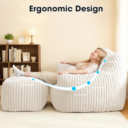 HarborHue Giant Bean Bag Chair with Ottoman, Oversized Memory Foam Bean Bag Sofa for Adults and Kids, Large Comfy Fluffy Single Lounges Mini Couch for Living Room, Bedroom & Dorm(Beige)