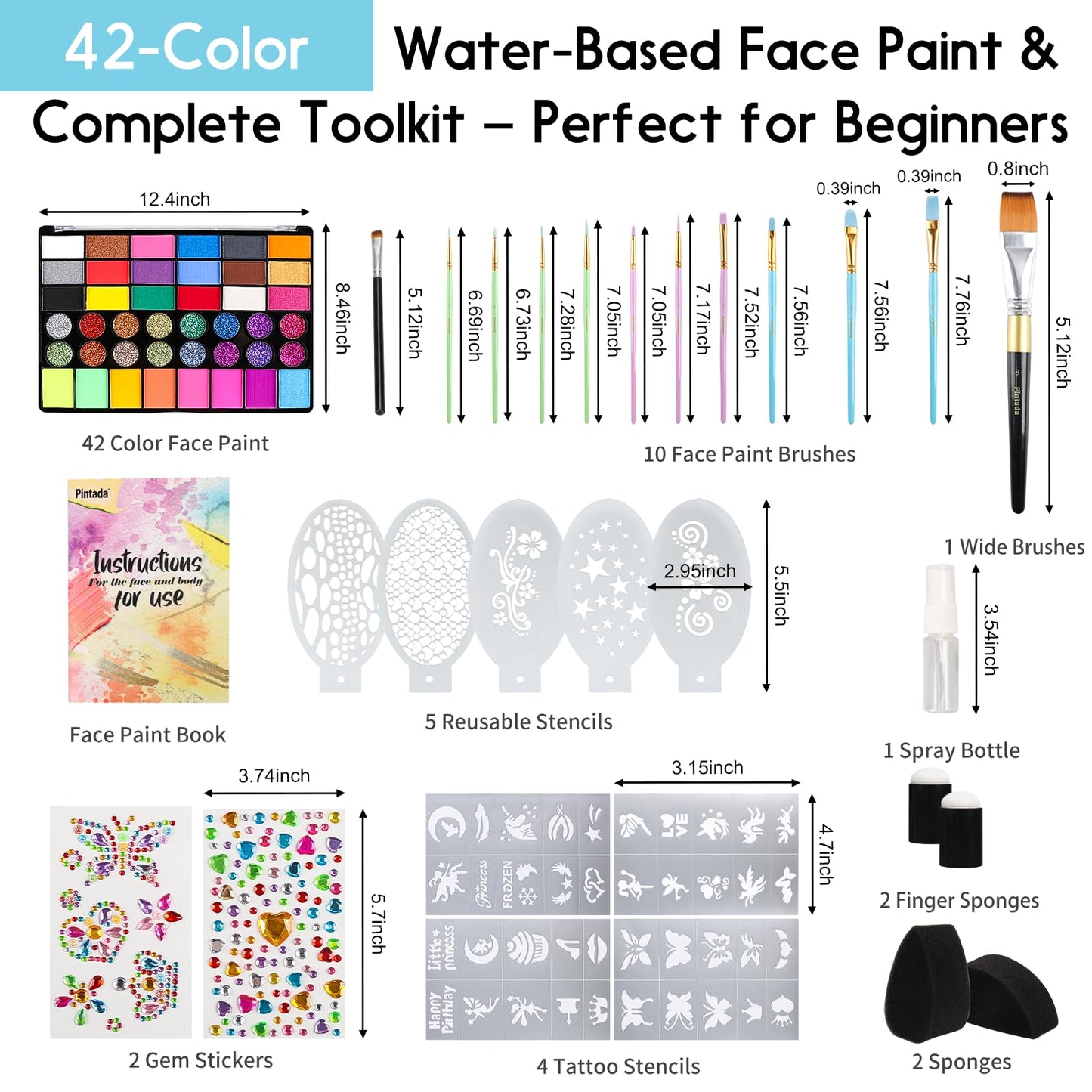 Pintada 42 Color Face Painting Kit for Party - Non Toxic Water Activated Face Paint Palette With Stencils, Brush, Gems. For Carnival, Halloween, Costume Makeup and Festivals & Events