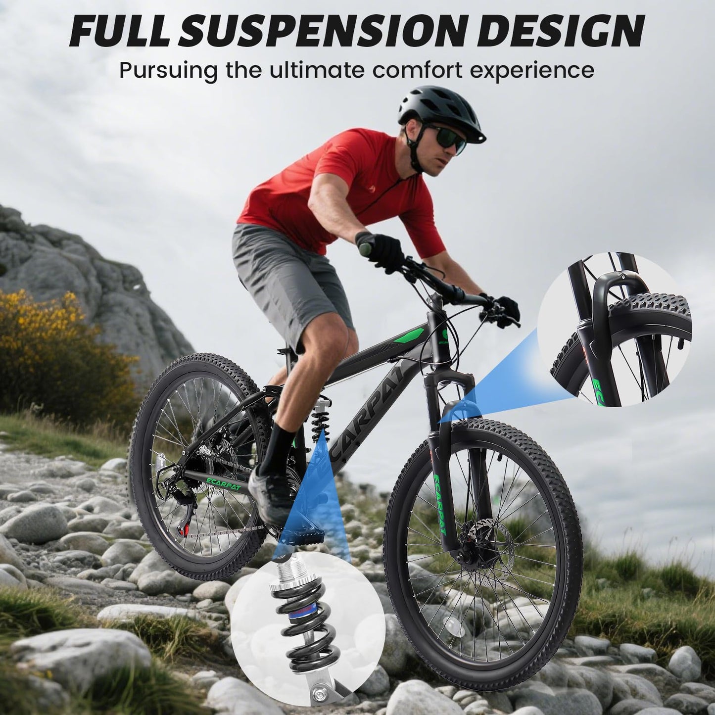 Ecarpat 24 Inch Full Suspension Mountain Bike, 21 Speeds Dual Disc Brake, Men Women Carbon Steel Mountain Bike, Adult Trail Beach Snow Commuter City Bikes