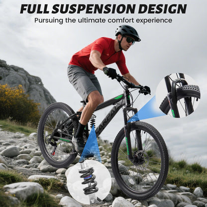 Ecarpat 24 Inch Full Suspension Mountain Bike, 21 Speeds Dual Disc Brake, Men Women Carbon Steel Mountain Bike, Adult Trail Beach Snow Commuter City Bikes