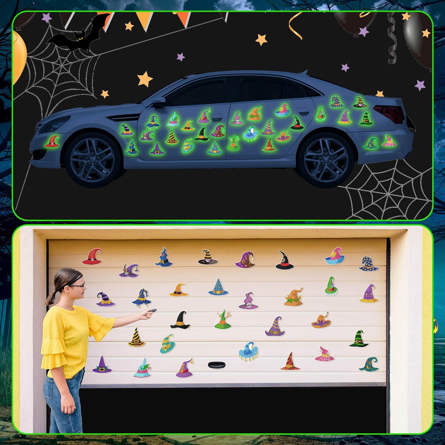 Motipuns 30 Pcs Halloween Diamond Painting Magnets Kits Glow in The Dark Witch Hat Diamond Art Fridge Magnet Refrigerator Sticker for Beginners Kid Adults Home Decors DIY Art Craft Gifts