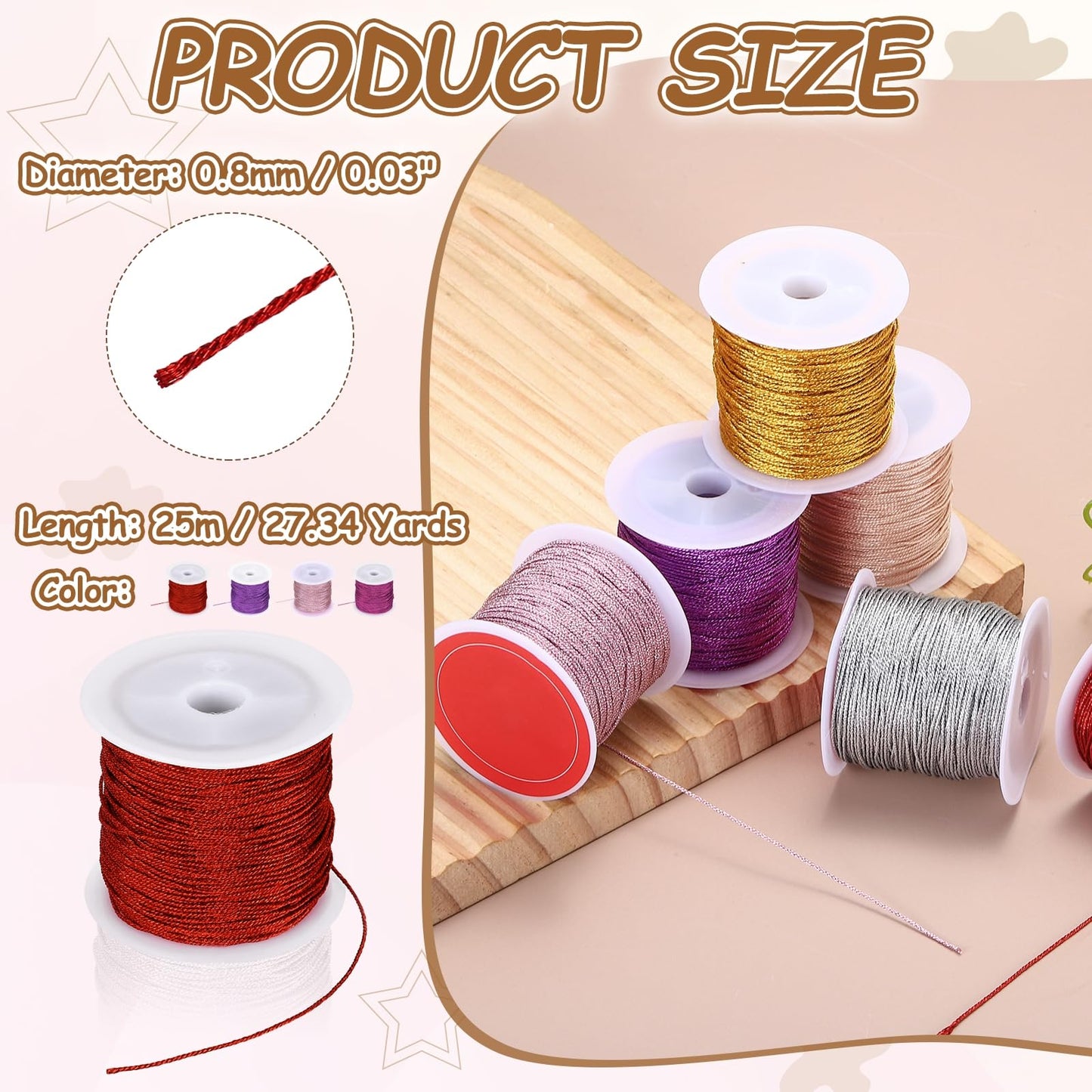 HARFINGTON 4 Roll 0.8mm Metallic Cords Thread,12 Ply Metallic Ornament Twine Non Stretch Tinsel String Rope for Jewelry Making Gift Wrapping, Pink/Purple/Red/Rose Red, 109.36Yards Total