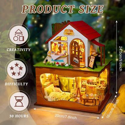 Foyucool Miniature House Kit, DIY Dollhouse Kits with Lights and Dust Cover, The for Family & Friends, Creative Craft Kit with Two-Story Bakery & Forest Basement