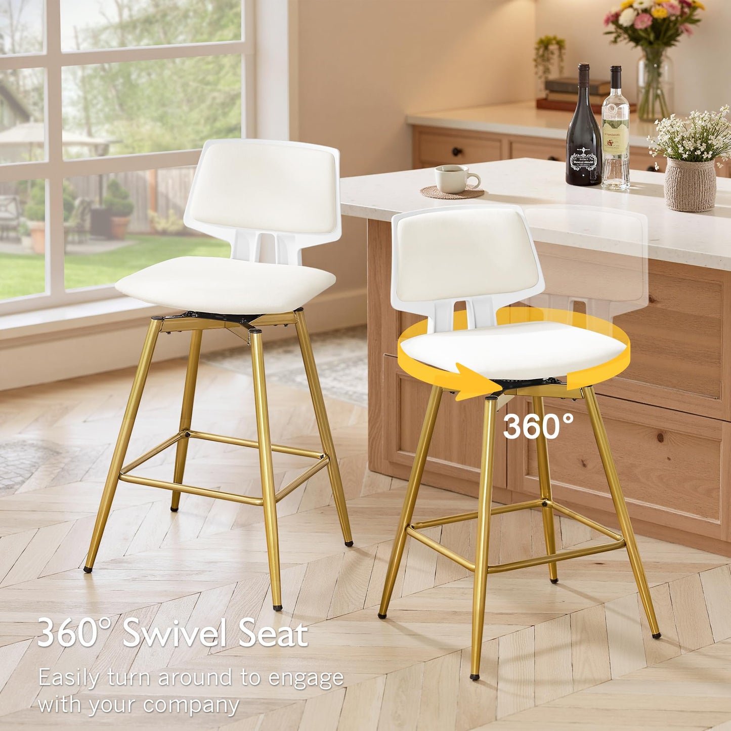 VECELO Swivel Upholstered Bar Stools Set of 4, Counter Height Barstools with Back, Metal Legs, 35.2-Inch Tall Barstools for Kitchen Island, Home Bar, Cafe, White