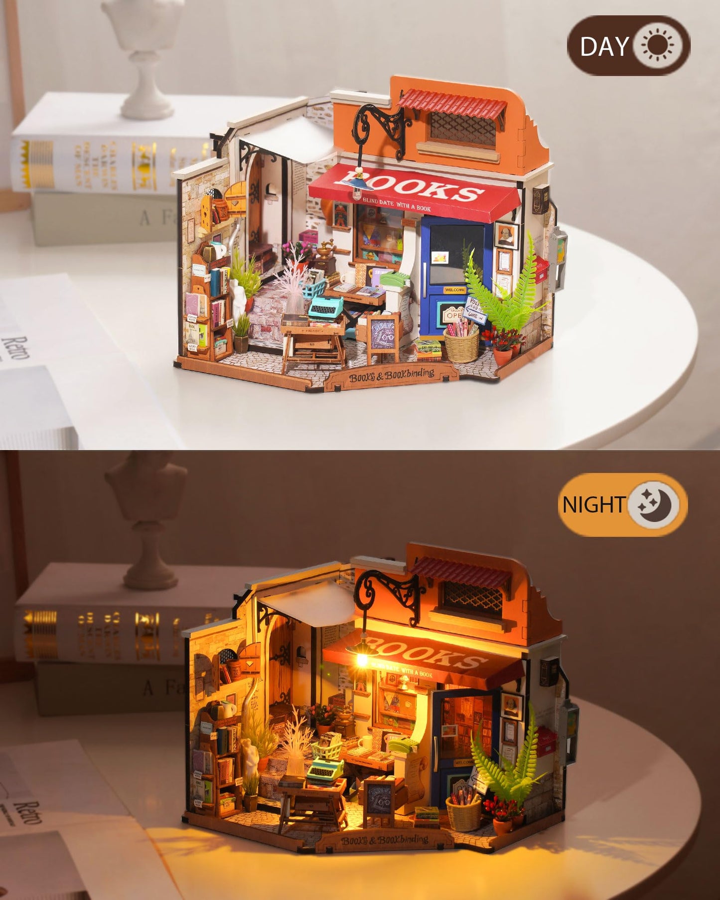 Rolife DIY Miniature House Kit 1:20 Scale Bookstore, Build Mini House Building Kit with LED Lights Craft Kits for Aduls Gifts for Him Her