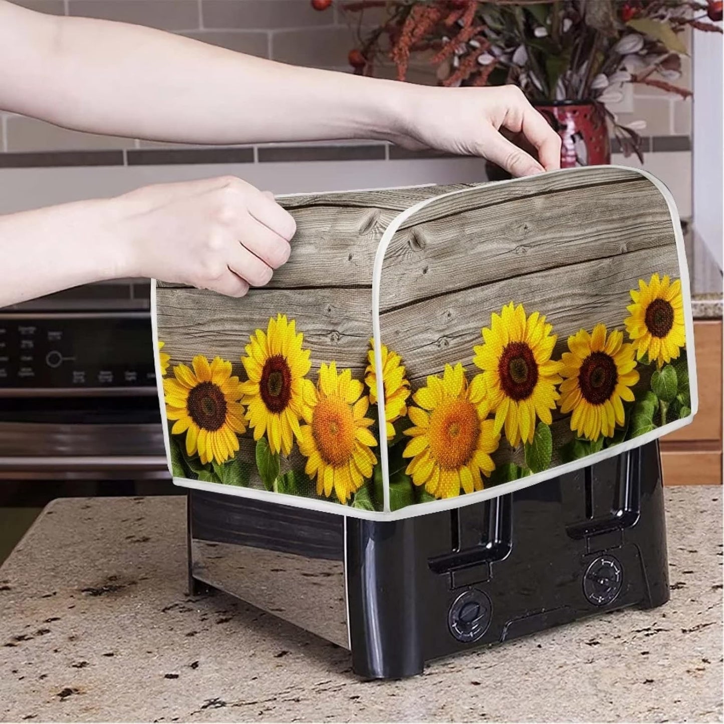 Sunflower Wooden Board Toaster Covers, Lightweight 4 Slice Stain Resistant Cover with Top Hook