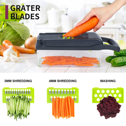 Vegetable Chopper Mandoline Slicer,Veggie Chopper, Multifunctional 10 in 1 Food Choppers, Kitchen Vegetable Slicer Dicer Cutter,Onion Mincer,Cheese,Colander Basket,Kitchen Gadgets (Gray/Green)