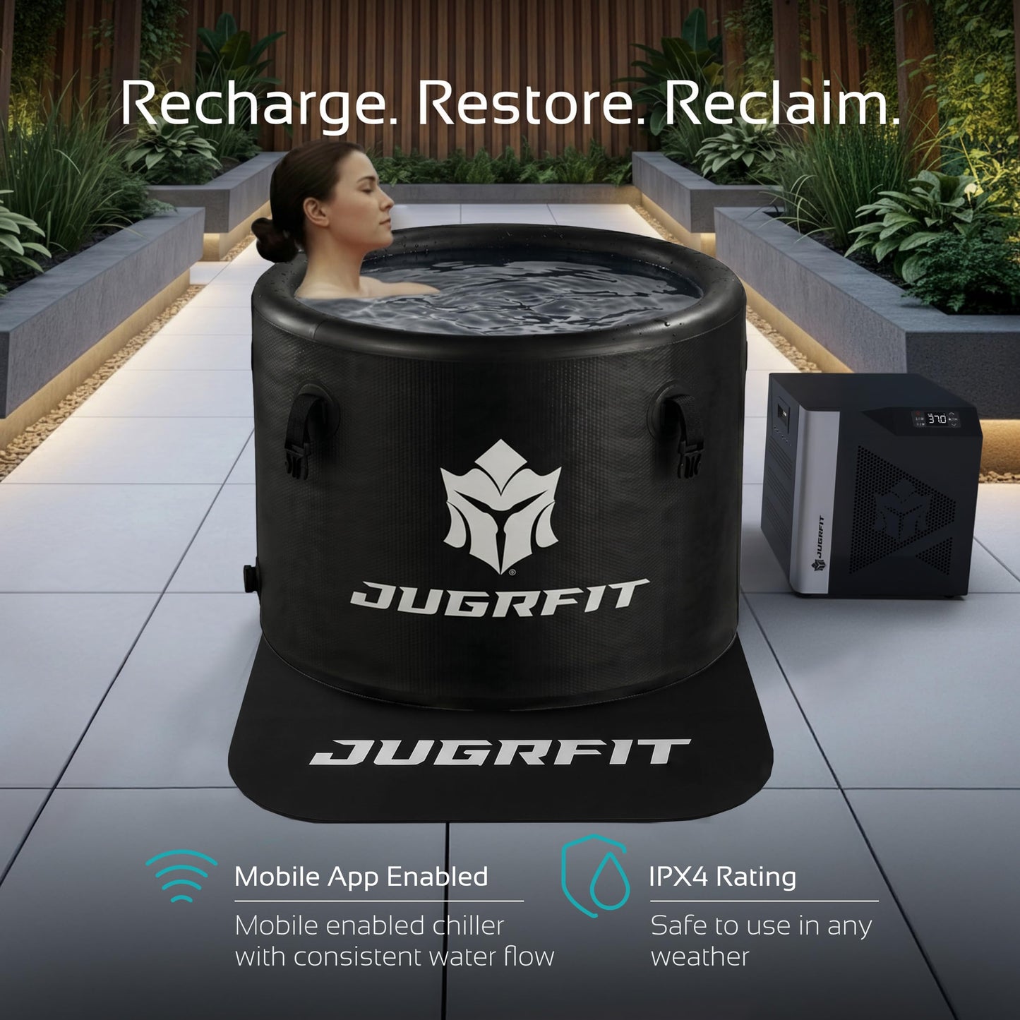 JUGRFIT 108-Gallon Barrel Pro-Grade Cold Plunge Tub with Water Chiller – Ice-Free At-Home Recovery, Built-in Filtration, Weatherproof & Durable