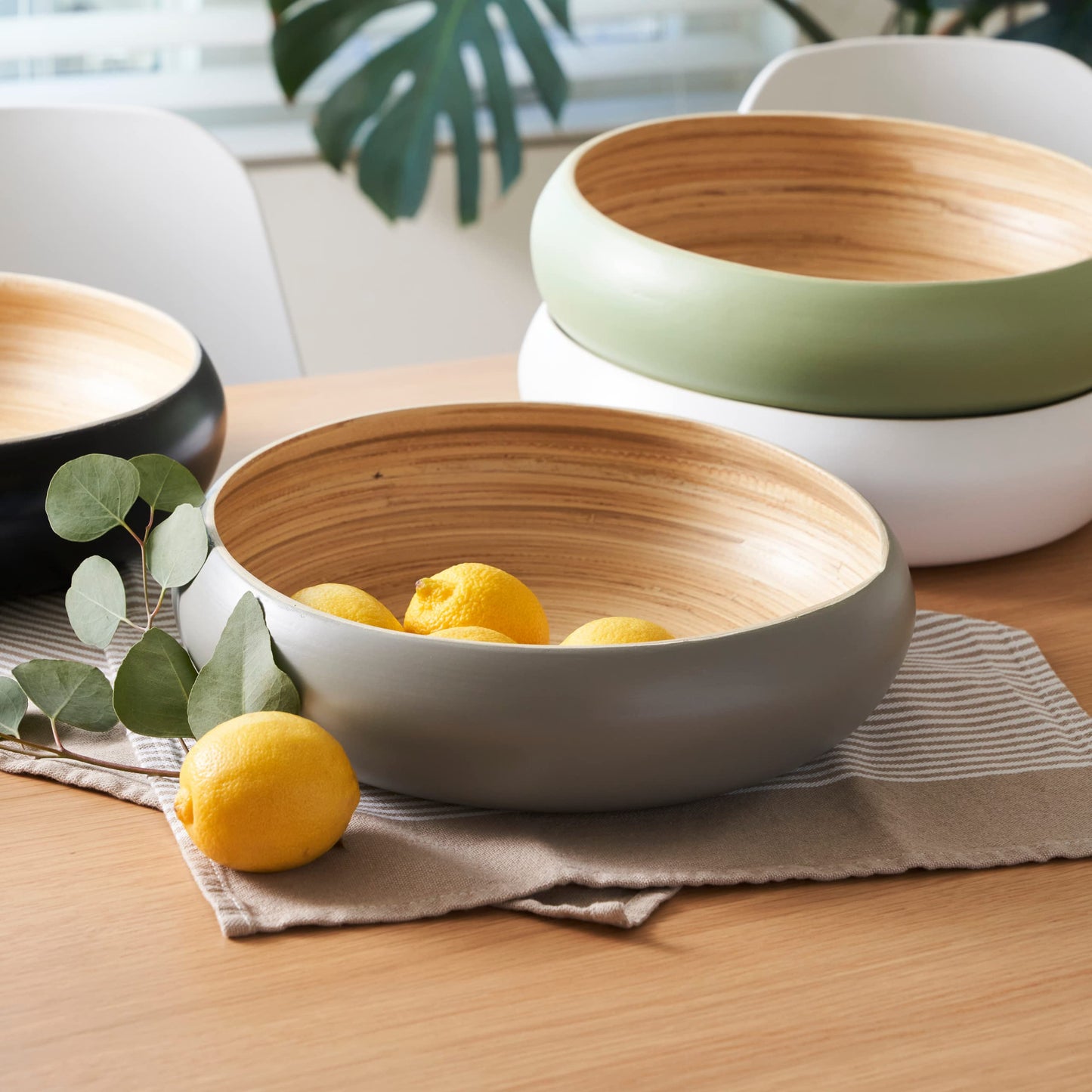 HABITAAS Fruit Bowl for Kitchen Counter – Handmade Spun Bamboo, Large 11.75" Fruit Basket, Eco-Friendly Decorative Serving Bowl for Home Decor, Produce Storage & Centerpiece (Gray)