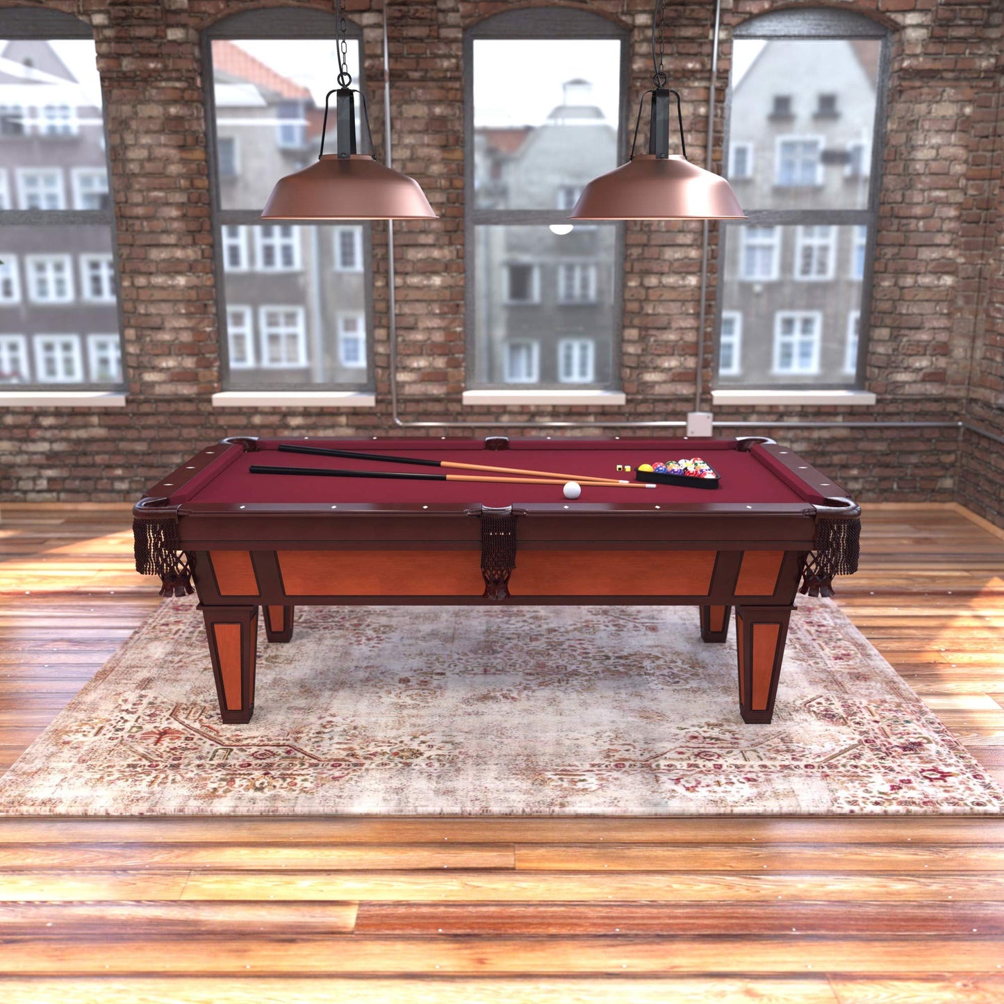 Fat Cat Reno 7.5 Foot Pool Table, Billiard Table with Accuslate Surface, K66 Bumpers, Dark Cherry Finish, Includes Cues and Balls