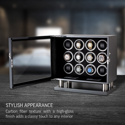 12 Watch Winder for Automatic Watches with LED Light and LCD Touchscreen Control (Burlwood + Beige)