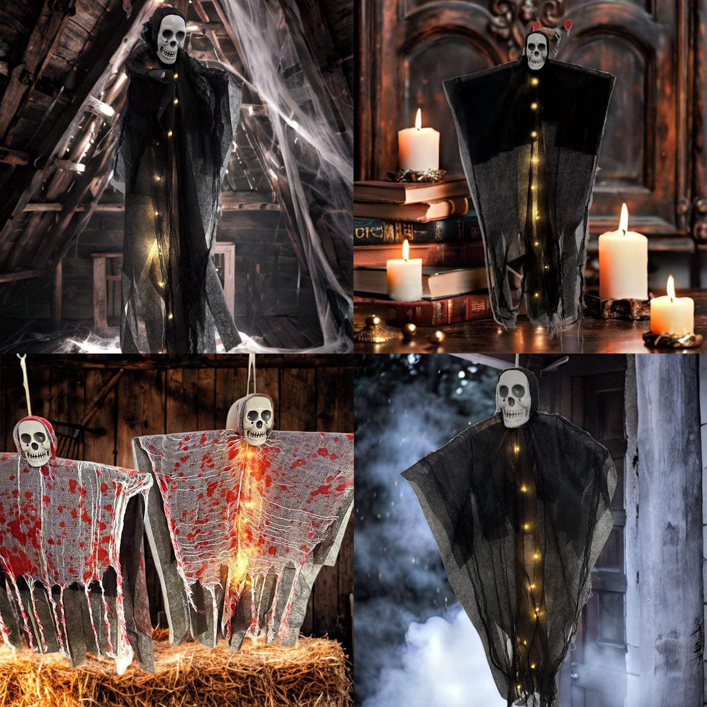 36" Halloween Hanging Ghost Decorations Outdoor, 2Pack Halloween Scary Flying Skeleton Ghost Decor for Haunted House Party Outside Indoor