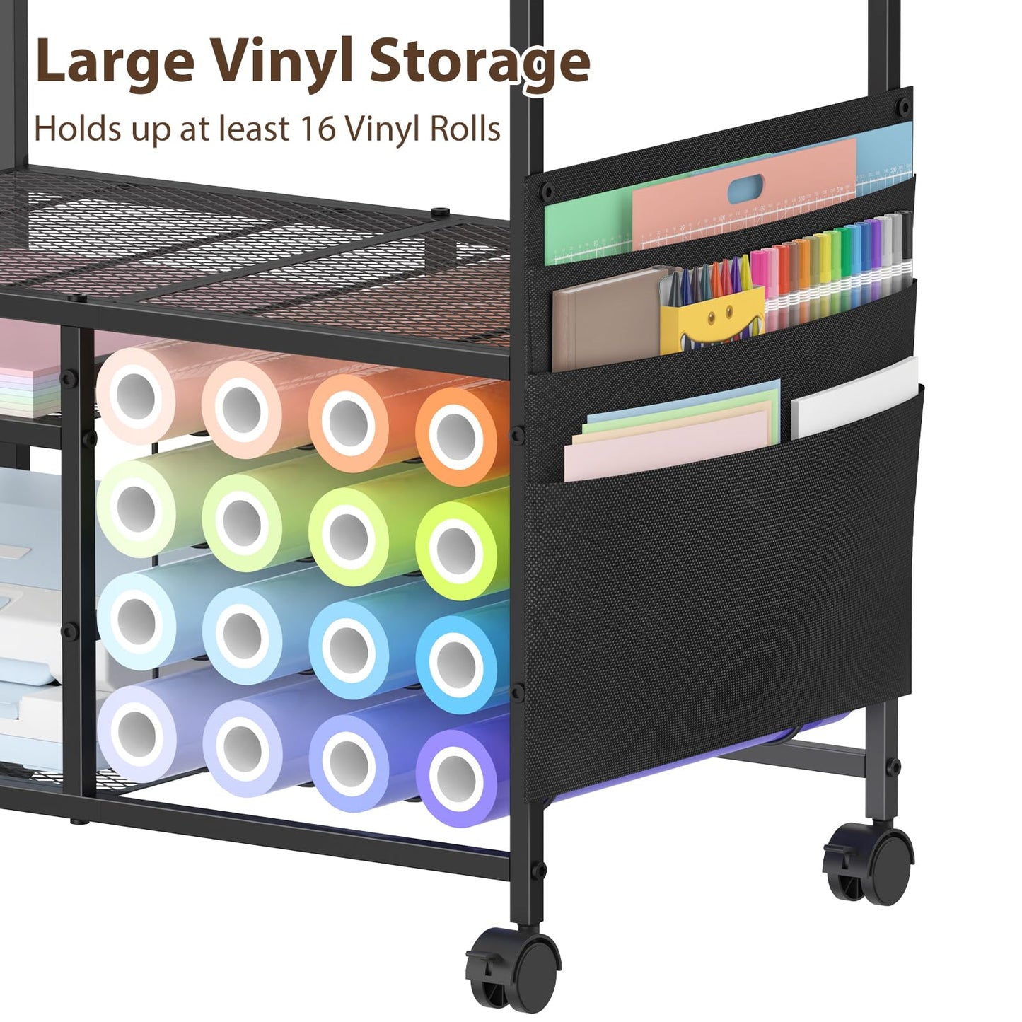 VEOSIR Craft Cart with Vinyl Roll Holder, Organizer & Storage Table for Cricut Machine with Drawer,Mobile Craft Organization and Storage Cart,Crafting Table Accessories Holder for Craft Room Brown