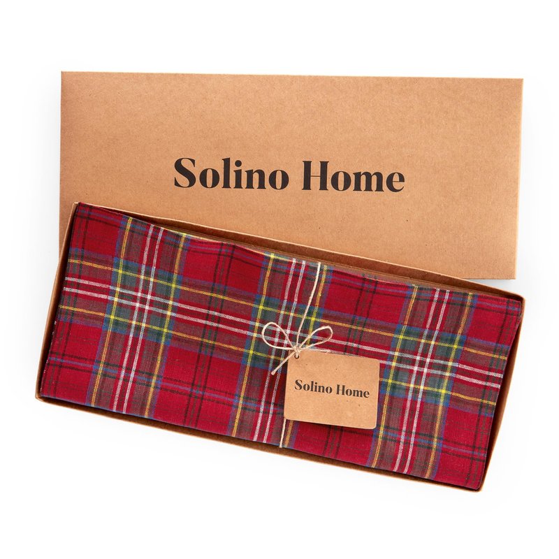 Solino Home Table Runner 90 Inches Long - 100% Pure Linen Red Classic Tartan Plaid Table Runner 14 x 90 Inch for Dining