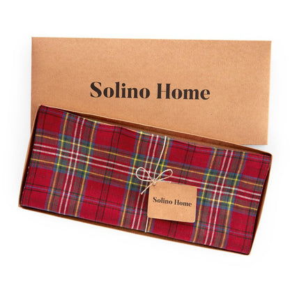 Solino Home Table Runner 90 Inches Long - 100% Pure Linen Red Classic Tartan Plaid Table Runner 14 x 90 Inch for Dining
