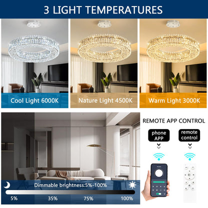 24'' Modern Crystal Chandeliers Large Ring Chandelier for Living Room LED Dimmable Ceiling Light for Dining Room High Ceiling Chandeliers for Foyer Entryway Silver
