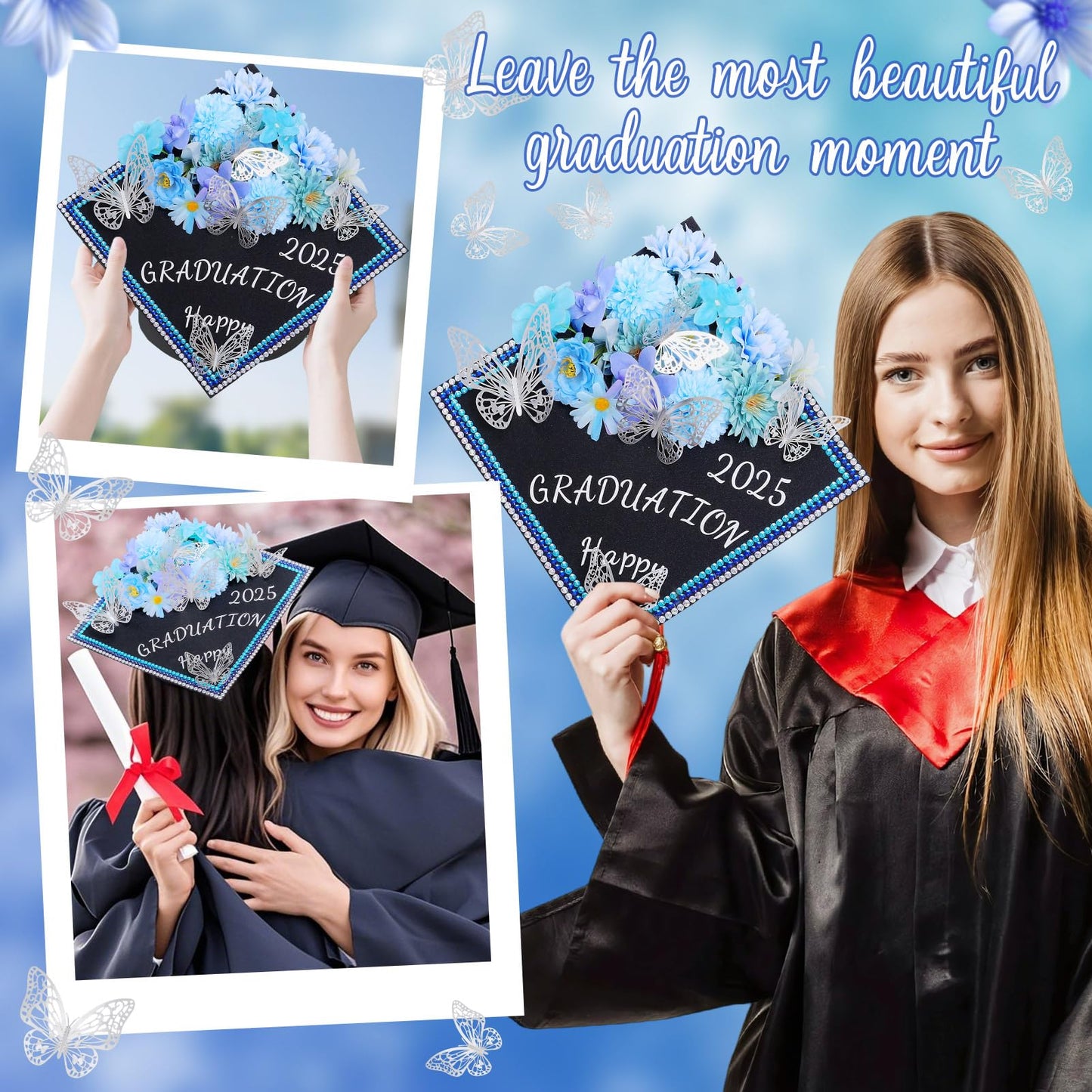 Kicpot Blue Graduation Cap Decorations Kit DIY Grad Cap Topper with Artificial Flower 3D Butterfly Rhinestones Alphabet Letter Number Stickers for 2025 Graduation Party Decorations Supplies (Blue)