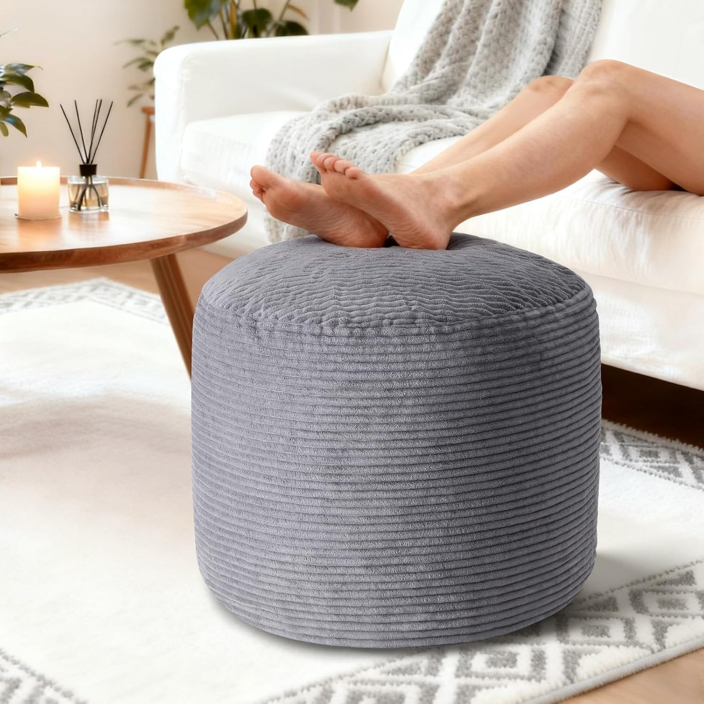20" 20" 15" x x Pouf Ottoman Foot Rest, Pre-Stuffed Round Foot Stool with Odorless Shredded Memory Foam, Furry & Fluffy