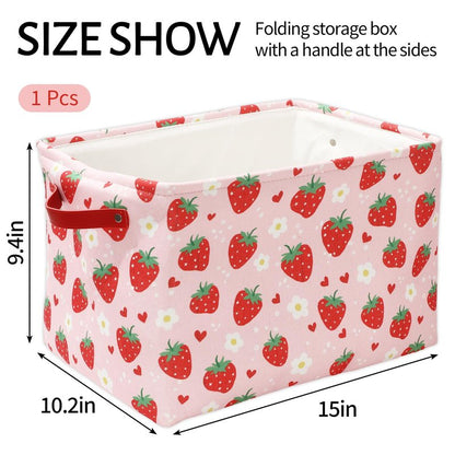 FYSUIMU Strawberry Storage Basket Foldable Strawberry Flower Heart Storage Bin with Handle Red Pink Fabric Basket for Home Office Organizer Decor, 15 x 10.2 x 9.4 Inch
