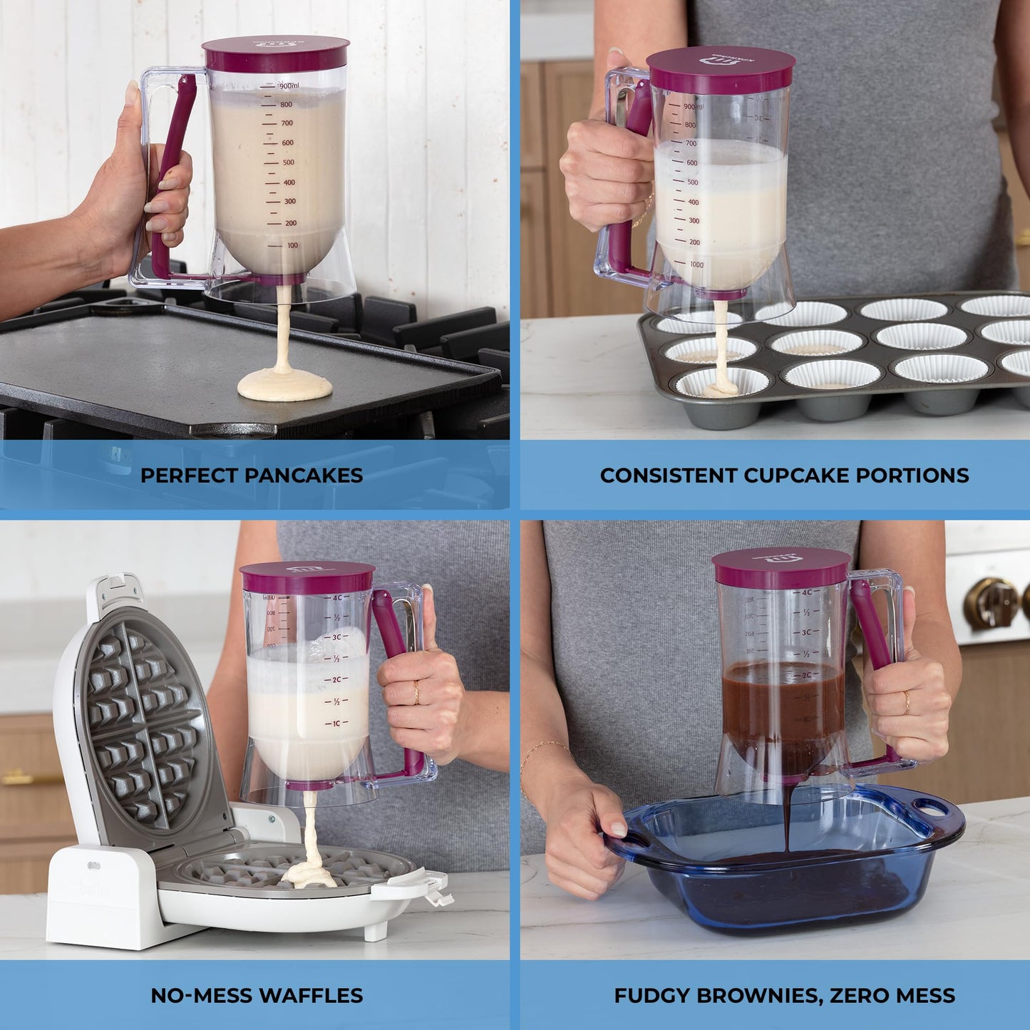 KPKitchen Pancake Batter Dispenser - Kitchen Must Have Tool for Perfect Pancakes, Cupcake, Waffle, Muffin Mix, Cake & Crepe - Baking Supplies for Griddle - Pancake Maker with Measuring Label (Purple)