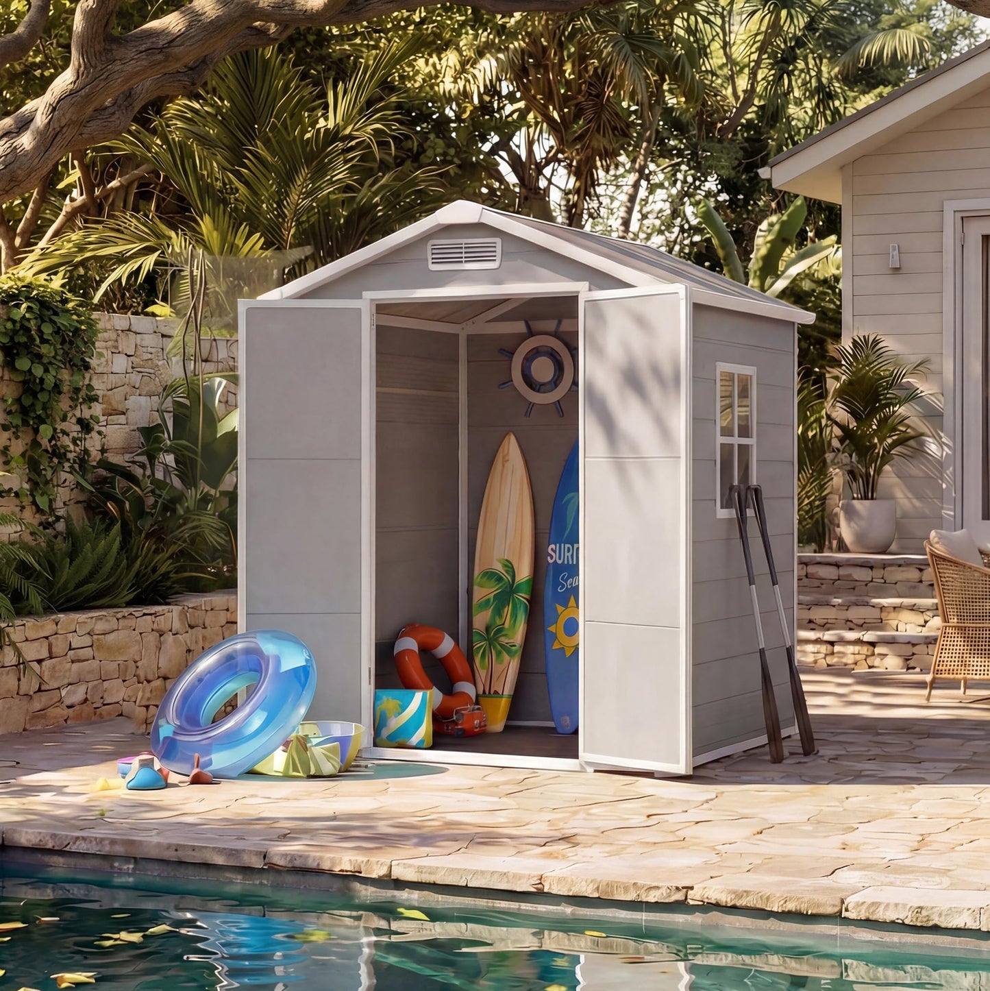 Outdoor Storage Shed with Floor, Plastic Resin Garden Shed with Window & Sloping Roof & Lockable Door for Patio Backyard Garden, Lawn Mower, Bike, Tool Storage (Light Gray, 6' X 4')