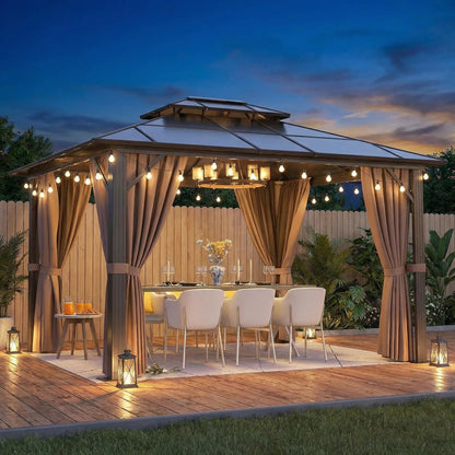 Breezestival 10'x12' Hardtop Gazebo, Aluminum Frame Permanent Pavilion with String Lights,Curtains and Netting, Outdoor Metal Gazebo Polycarbonate Double Roof Canopy for Garden,Lawns,Patio, Brown