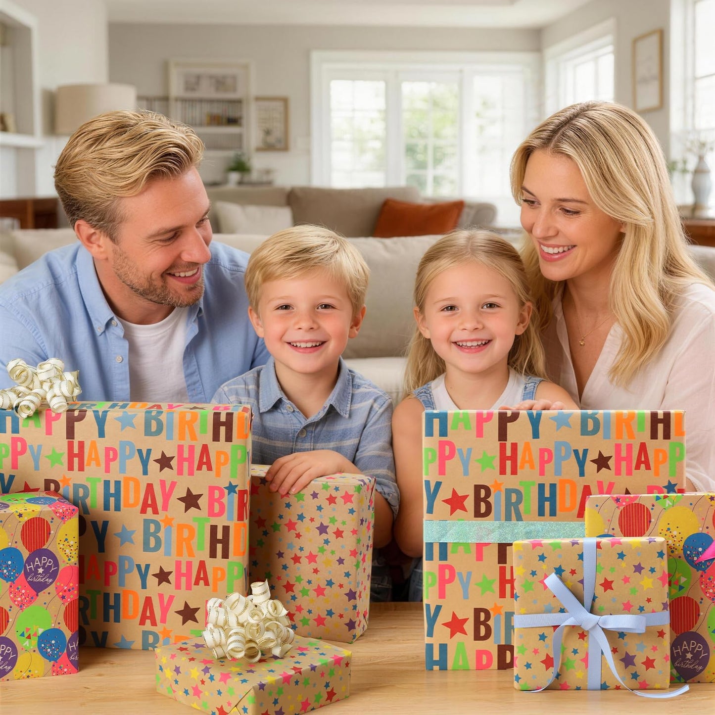BIOBROWN Kraft Birthday Wrapping Paper, Colorful Gift Wrap with Text Happy Birthday Balloon Stripes Design for Kids, 17 inch X 120 inch Per Roll