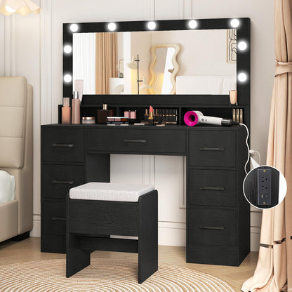CHARMAID Vanity Desk with Mirror and Lights, Charging Station & Storage Stool, Makeup Vanity Table with 7 Drawers, 3 Open Cubbies, 46.5" Large Modern Dressing Table with Chair for Bedroom, Black