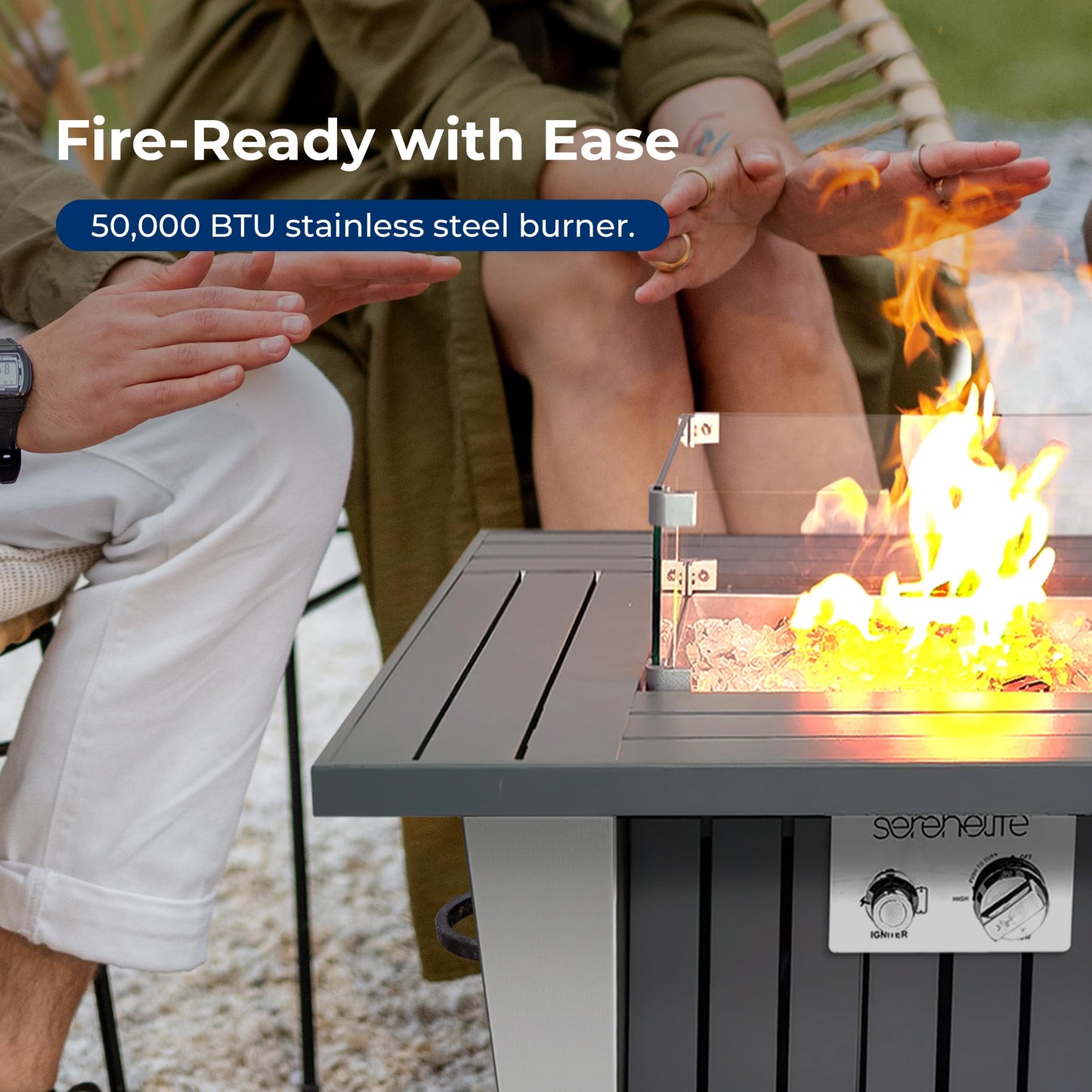 SereneLife Propane Fire Pit Table with Sturdy Metal, Gas Pits with 50,000 BTU and Stainless Steel Fire Pan, Includes Decorative Glass Rocks, Weather Cover, CSA Certified for Outdoor Fireplaces