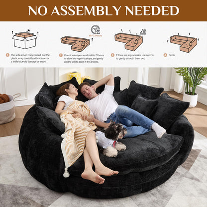 81" Round Sofa Bed Big Bean Bag Round Chaise Lounge Oversized Round Couch Boneless Reading Chair Plush Fluffy Chenille Large Chaise Chair for Living Room, Bedroom, Apartment, Black