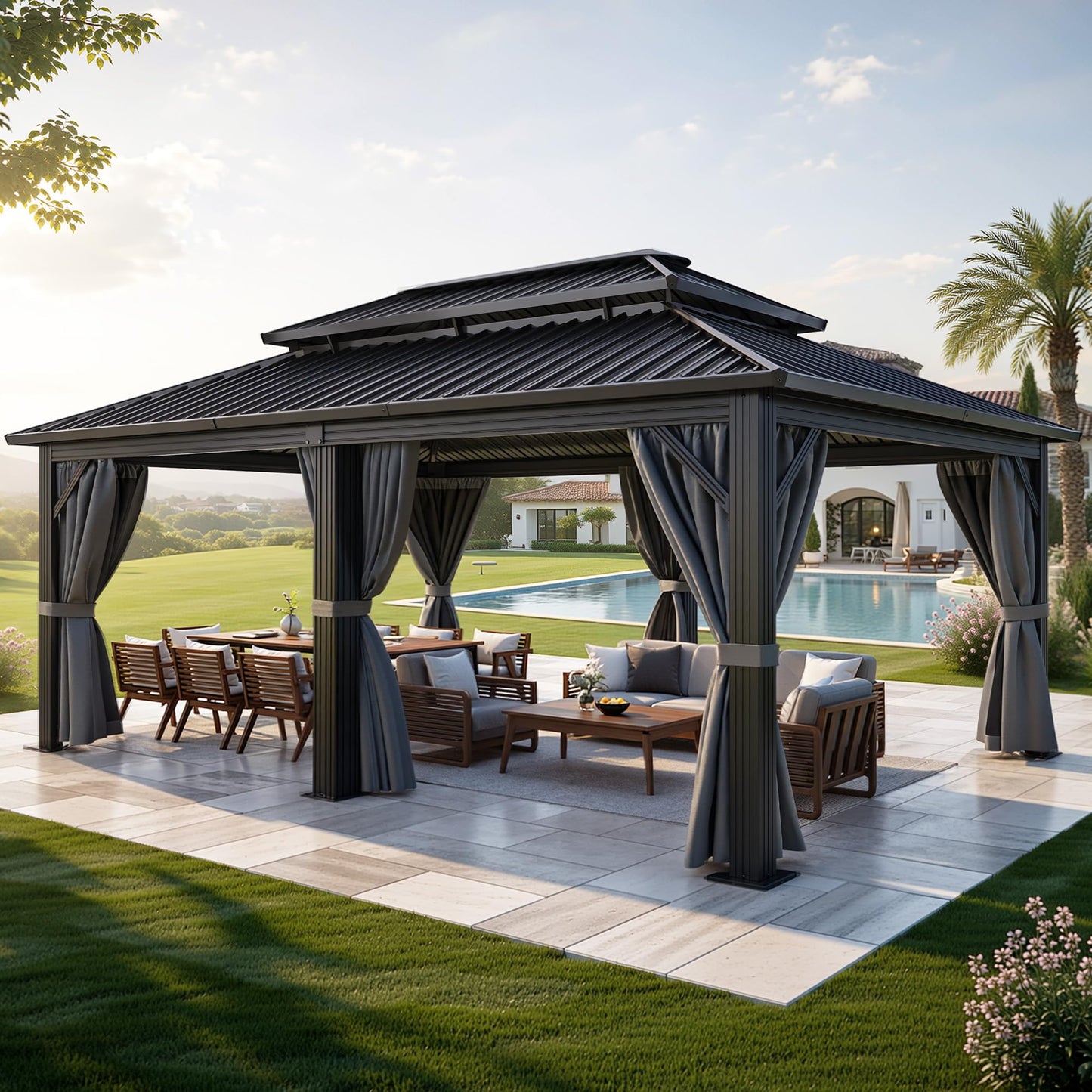 DWVO 12x18ft Hardtop Gazebo Double Roof with Nettings and Curtains, Heavy Duty Galvanized Steel Outdoor Vertical Stripes Roof for Patio, Backyard, Deck, Lawns, Gray