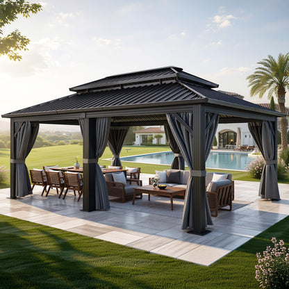 DWVO 12x18ft Hardtop Gazebo Double Roof with Nettings and Curtains, Heavy Duty Galvanized Steel Outdoor Vertical Stripes Roof for Patio, Backyard, Deck, Lawns, Gray