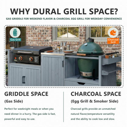 Merax 80.5" Outdoor Kitchen Island for Big Green Egg& Blackstone Griddle,Solid Wood Grill Cart Table with Stainless Steel Top,Drawer for Large Big Green Egg and 21"/28" Blackstone Griddle,Grey Blue
