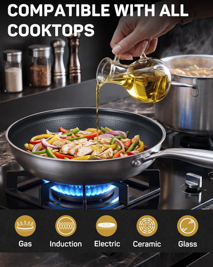 Lorchy Home 10" Hybrid Nonstick Frying Pan, Stainless Steel Ceramic Nonstick Skillet, Non Stick Pan for Eggs, Steak & Everyday Cooking, Induction Compatible, Oven Safe Cookware