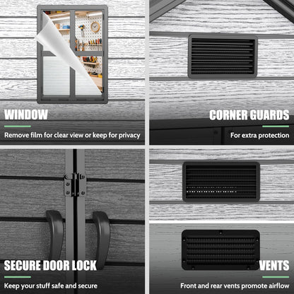 EHHLY Outdoor Storage Shed 6x4.4 FT, Resin Shed with Floor, Window & Vents, Waterproof Plastic Shed with Lockable Door for Backyard, Patio, Lawn, Gray