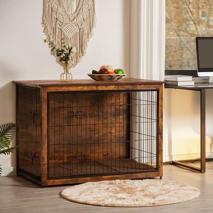 DWANTON Dog Crate Furniture with Cushion, Wooden Kennel Table with Double Doors, Indoor Dog House, Extra Large Size, 43.3" L, Rustic Brown