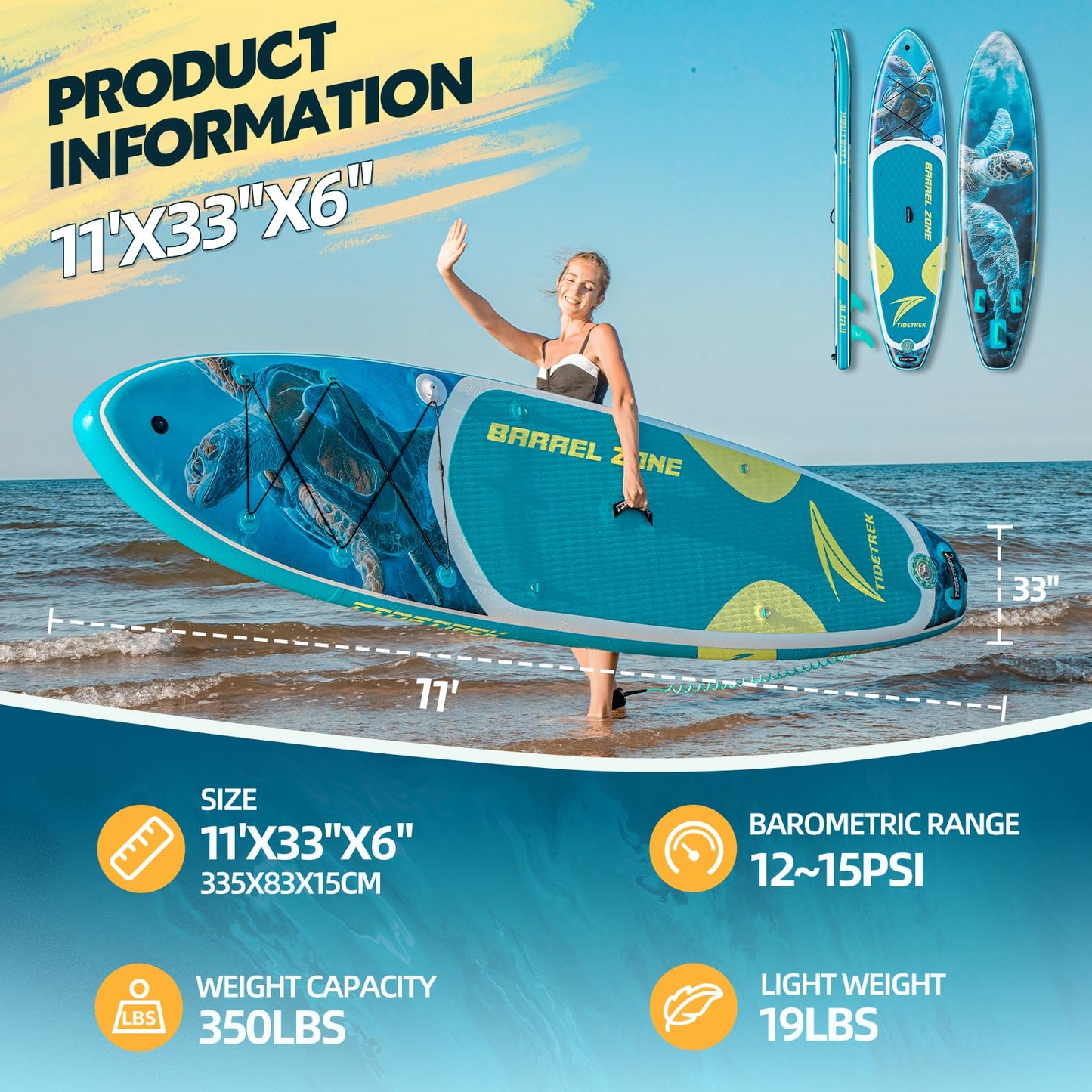 TIDETREK 11'/11'6" x 33"/34" x 6" Inflatable SUP Paddle Board – Extra-Wide, Stable Stand Up Paddle Board with Premium Full Accessory Set for Adults & Youth (Blue Turtle/Kayak Seat, 11'x33 x6)