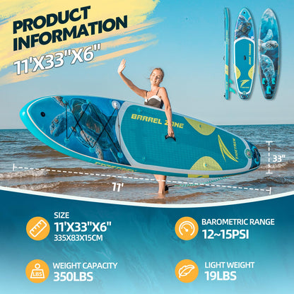TIDETREK 11'/11'6" x 33"/34" x 6" Inflatable SUP Paddle Board – Extra-Wide, Stable Stand Up Paddle Board with Premium Full Accessory Set for Adults & Youth (Blue Turtle/Kayak Seat, 11'x33 x6)