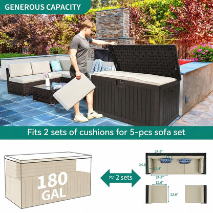YITAHOME 180 Gallon Double-Wall Deck Box with Side Handles, Outdoor Large Storage for Patio Furniture Cushions, Garden Pool Accessories, Water Resistant & Lockable