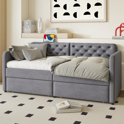 GDFStudio Twin Size Bed Frame with 2 Storage Drawers, Velvet Upholstered Twin Daybed with Headboard and Charging Station, Tufted Wood Platform Bed Frame, Solid Slats, No Box Spring Needed, Grey