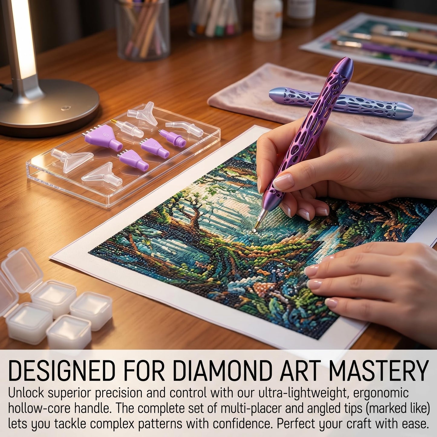 NICEXIYAZI-Iridescent Diamond Painting Pen Set, Hollow Ergonomic Diamond Art Pen with 6 Interchangeable Tips, Lightweight Drill Pen for 5D Diamond Painting, Nail Art, DIY Craft